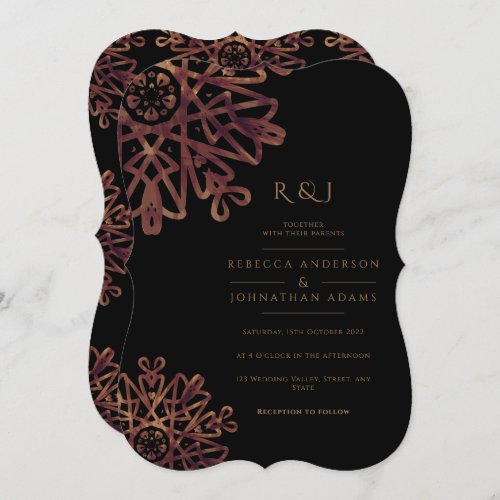 Chic Black and Golden Ornamental Pattern Wedding Invitation