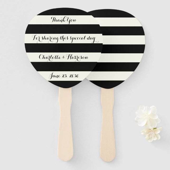 Chic black and ivory stripes script wedding hand fan (Front and Back)