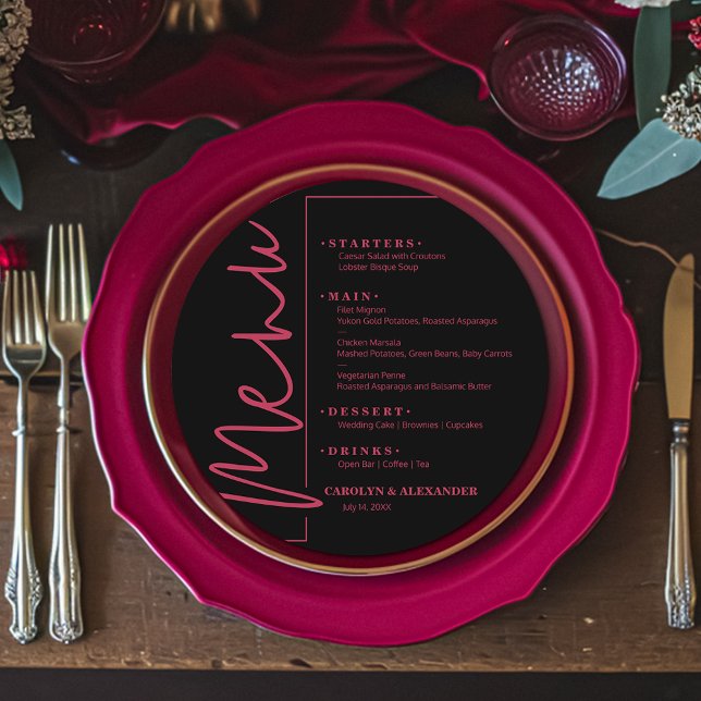 Chic Black and Magenta Round Menu (Chic black round menu with your choices in magenta hot pink lettering. )
