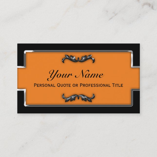 Chic Black and Orange Metallic Business Cards (Front)