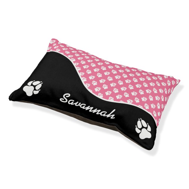 Chic Black And Pink Dog Paws Pattern & Name Pet Bed (Angled)