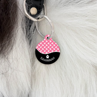 Chic Black And Pink Dog Paws Pattern & Name Pet ID Tag