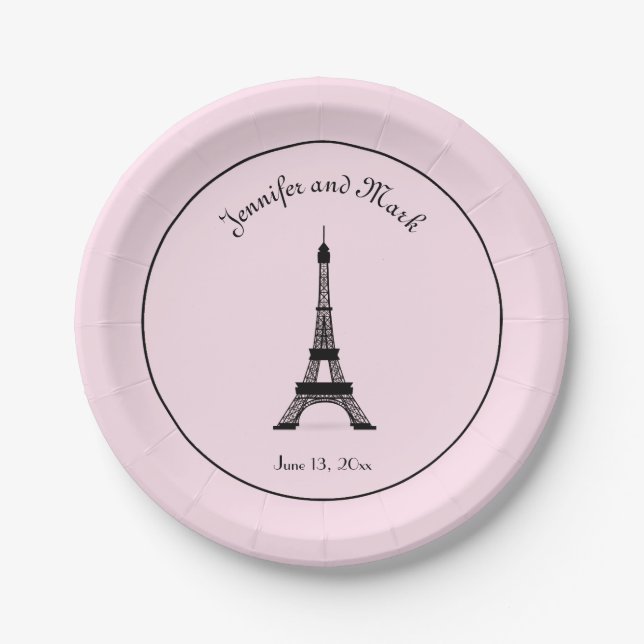 Chic Black and Pink French Eiffel Tower Wedding Paper Plates (Front)