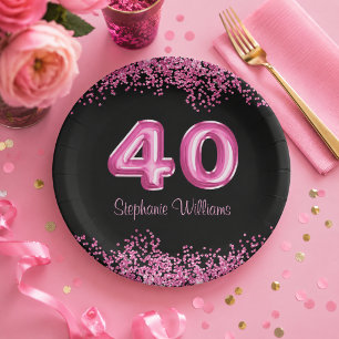 Chic Black and Pink Glitter 40th Birthday Party Paper Plates