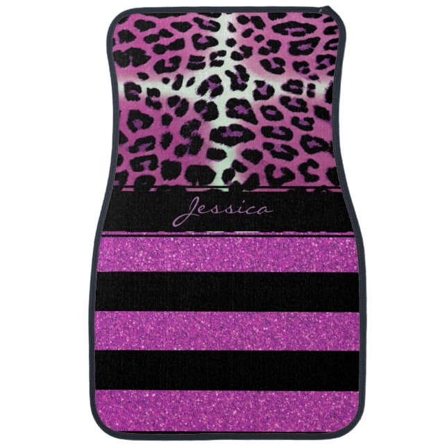 Chic Black And Pink Glitter Stripes Personalized  Car Floor Mat (Front)