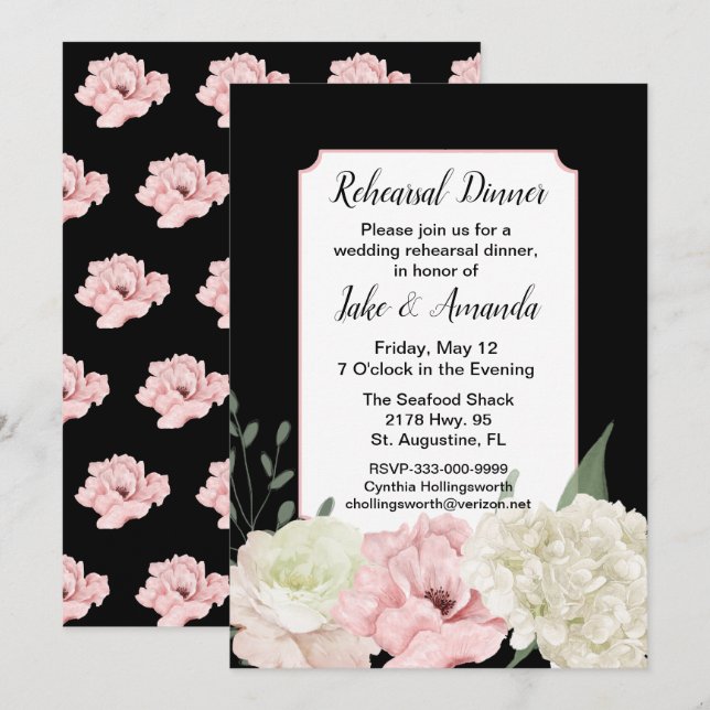Chic Black and Pink Wedding Rehearsal Dinner Invitation (Front/Back)