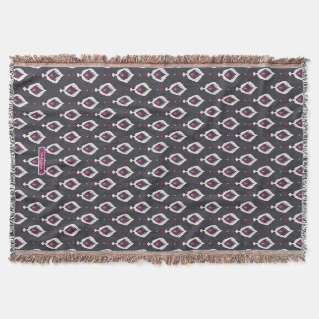 Chic black and purple ikat tribal patterns throw blanket (Front)