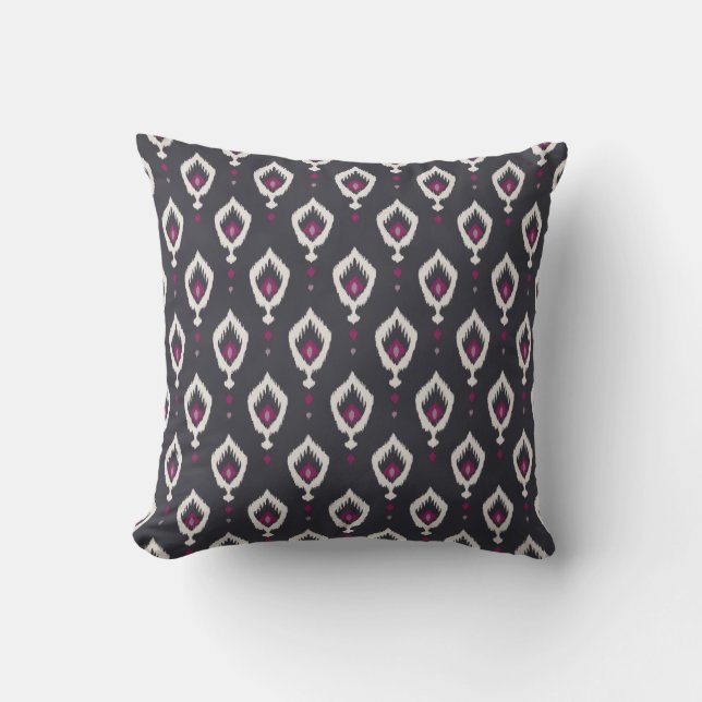 Chic black and purple ikat tribal patterns throw pillow (Front)
