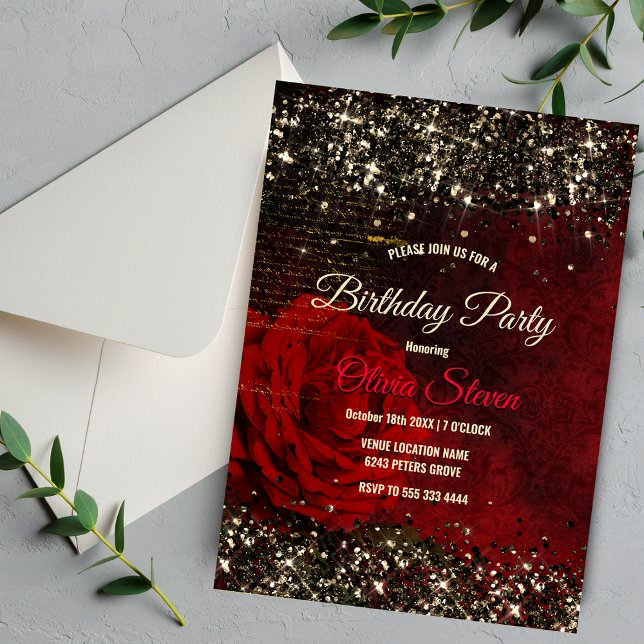 Chic black and red and gold flower glitter monogra invitation (Creator Uploaded)