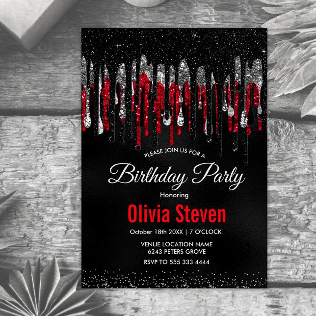 Chic black and red and silver drippings glitter invitation (Creator Uploaded)