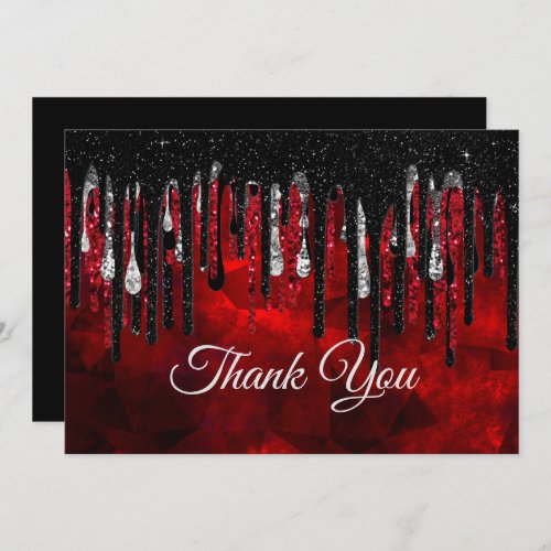 Chic black and red and silver drippings glitter thank you card