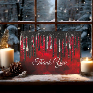 Chic black and red and silver drippings glitter thank you card
