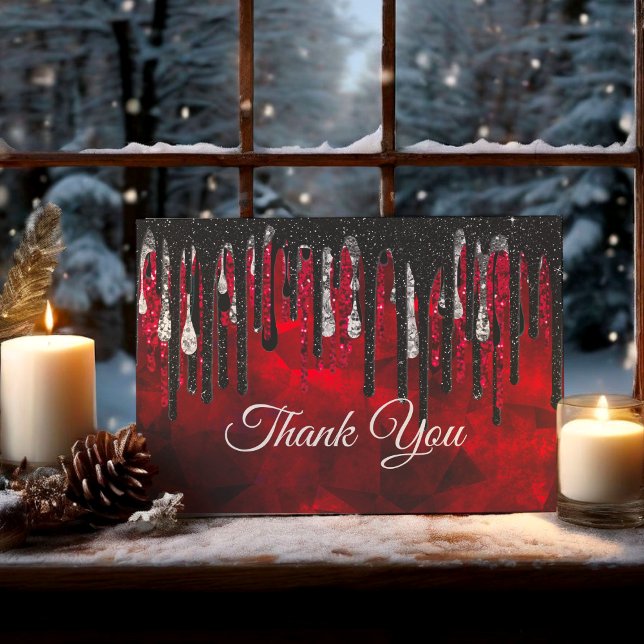 Chic black and red and silver drippings glitter thank you card (Creator Uploaded)