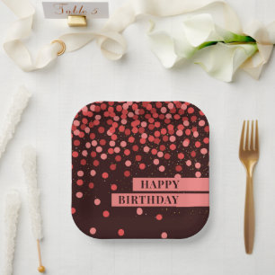 Chic Black and Red Confetti Happy Birthday Paper Plates