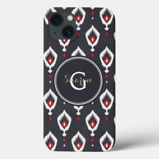 Chic black and red ikat tribal pattern monogram Case-Mate iPhone case (Back)