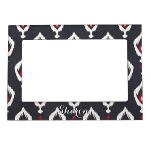 Chic black and red ikat tribal pattern monogram magnetic photo frame