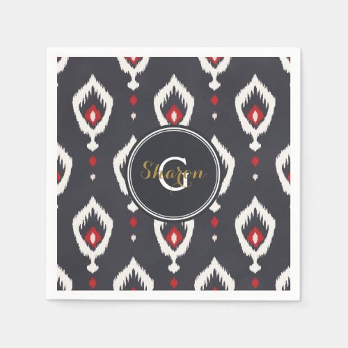 Chic black and red ikat tribal pattern monogram paper napkins
