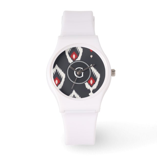 Chic black and red ikat tribal pattern monogram watch (Front)