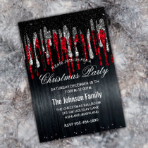 Chic black and red silver glitter drips Christmas  Invitation