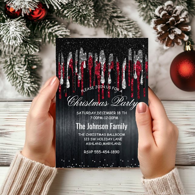 Chic black and red silver glitter drips Christmas  Invitation (Creator Uploaded)
