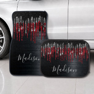Chic black and red silver glitter drips monogram car floor mat