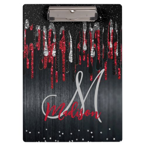 Chic black and red silver glitter drips monogram clipboard