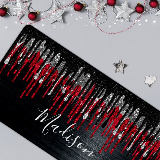 Chic black and red silver glitter drips monogram desk mat (Creator Uploaded)