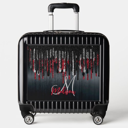 Chic black and red silver glitter drips monogram luggage