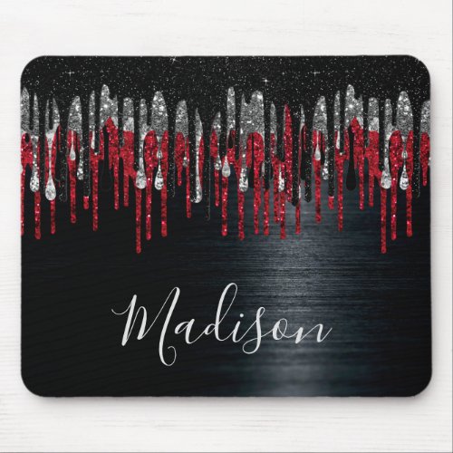 Chic black and red silver glitter drips monogram mouse pad