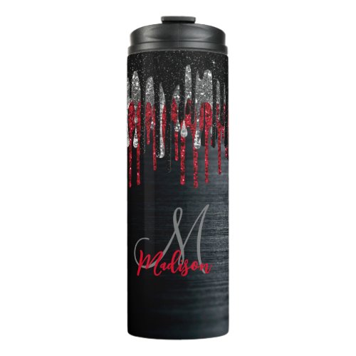 Chic black and red silver glitter drips monogram thermal tumbler