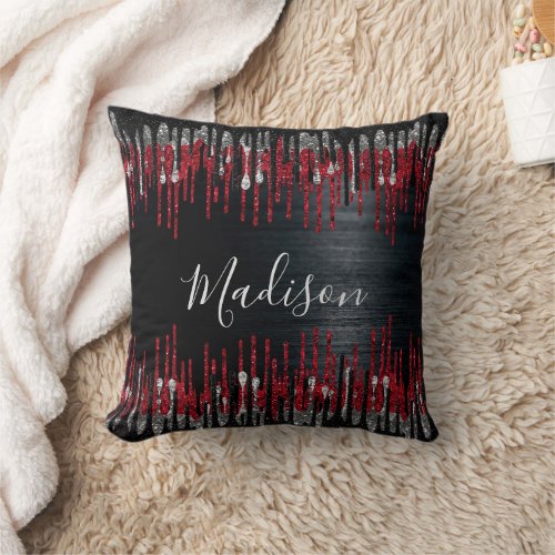 Chic black and red silver glitter drips monogram throw pillow