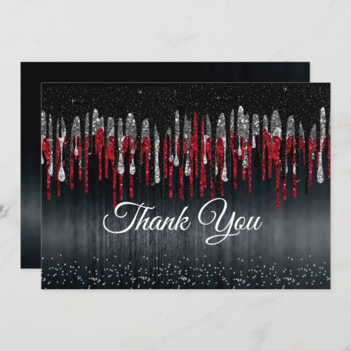 Chic black and red silver glitter drips thank you card