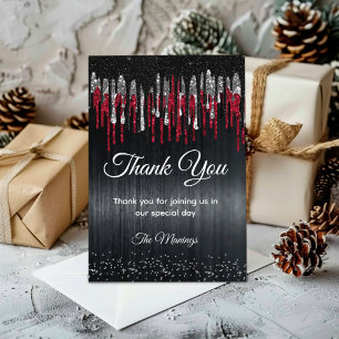 Chic black and red silver glitter drips thank you card