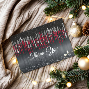 Chic black and red silver glitter drips thank you card