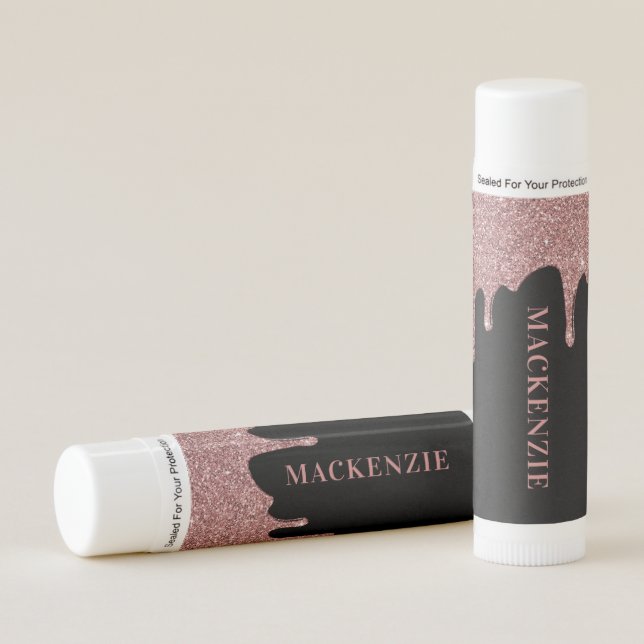 Chic Black and Rose Gold Dripping Glitter Lip Balm (Front)