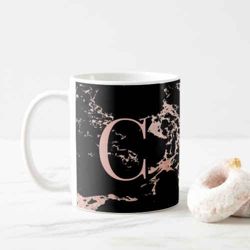 Chic Black and Rose Gold Foil Marble Monogram Coffee Mug