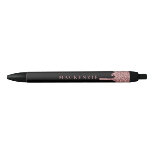 Chic Black and Rose Gold Glitter Dripping Luxury Black Ink Pen