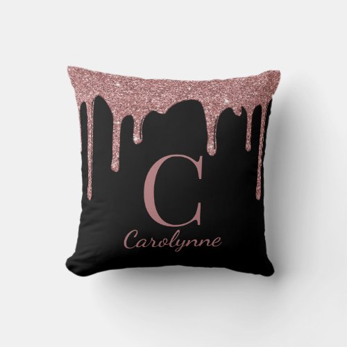 Chic Black and Rose Gold Glitter Drips Monogram Throw Pillow