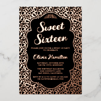 Chic Black and Rose Gold Leopard Sweet 16 Foil Invitation