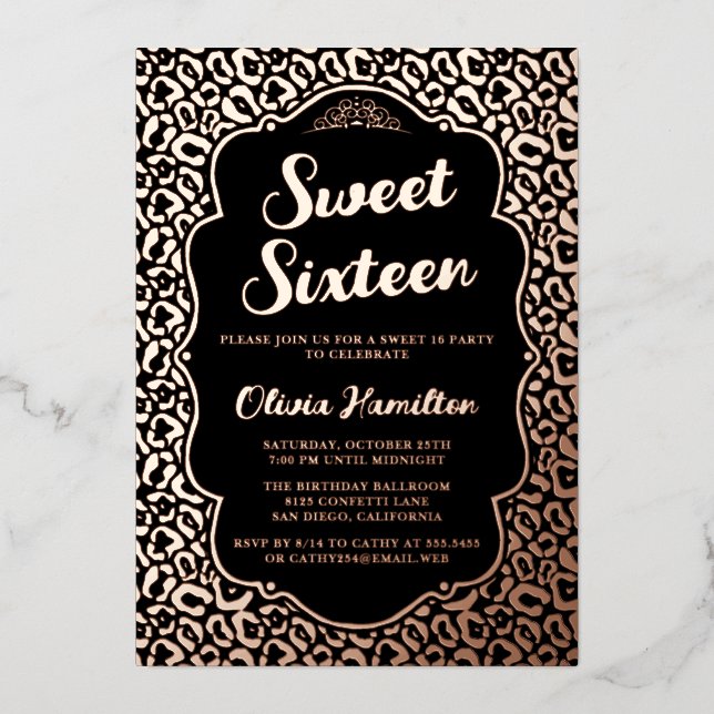 Chic Black and Rose Gold Leopard Sweet 16 Foil Invitation (Front)