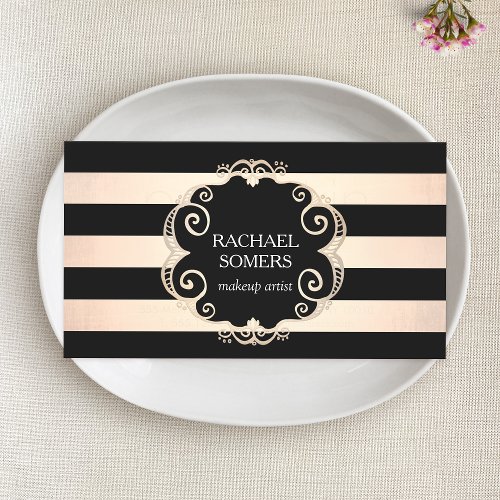 Chic Black and Rose Gold Striped Beauty _ no shine Business Card