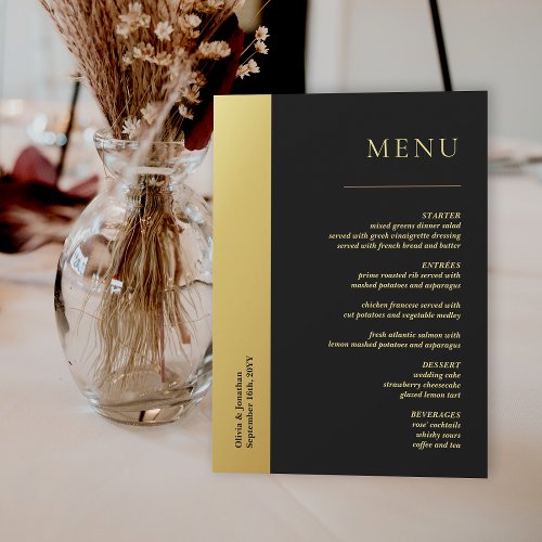 Chic Black and Shiny Gold Wedding Table Menu Card