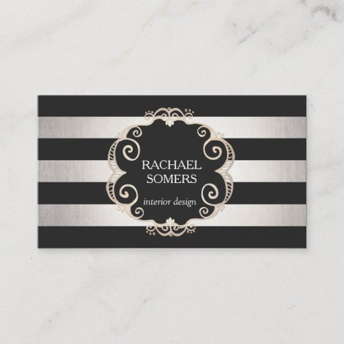 Chic Black and Silver Striped Designer no shine Business Card