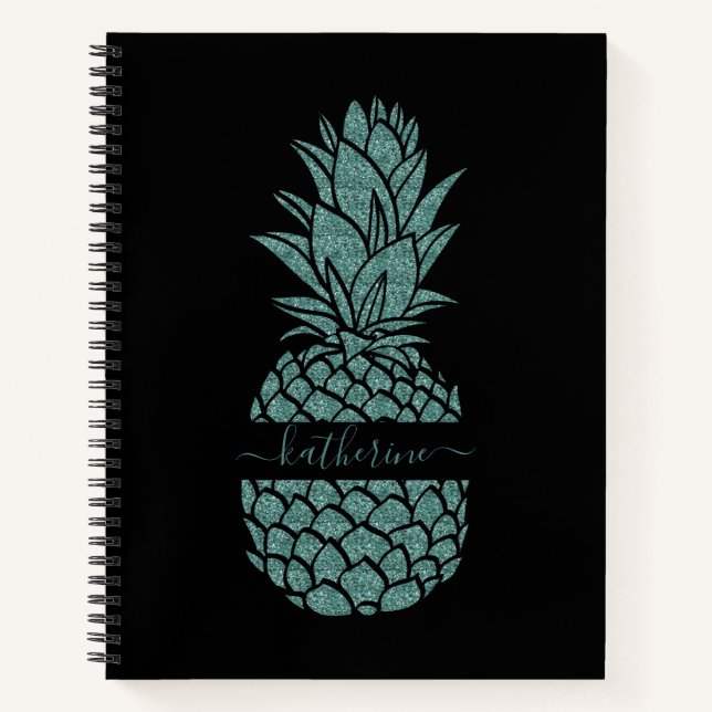 Chic Black and Teal Glitter Pineapple Name Notebook (Front)