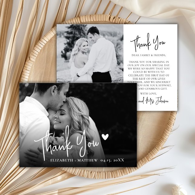 Chic Black and White 2 Photo Script Wedding  Thank You Card (Creator Uploaded)
