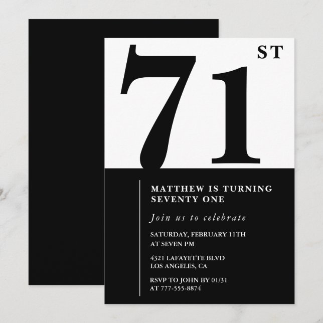 Chic Black and White 71st birthday invitation (Front/Back)
