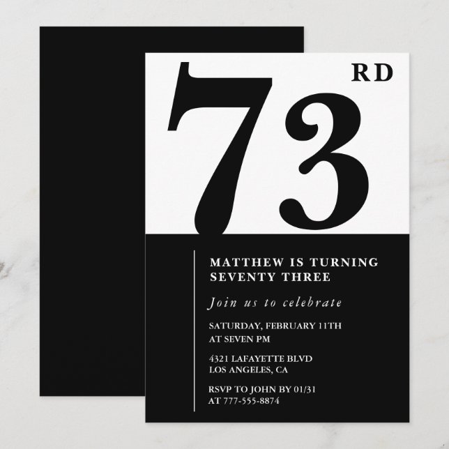 Chic Black and White 73rd birthday invitation (Front/Back)