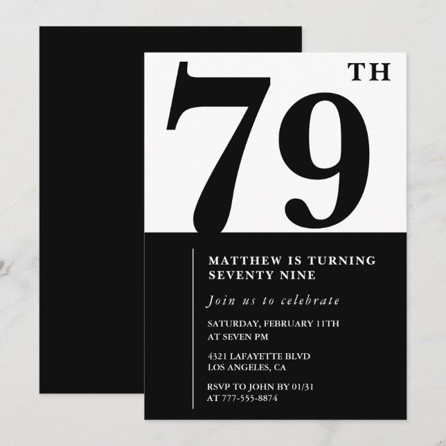 Chic Black and White 79th birthday invitation (Front/Back)