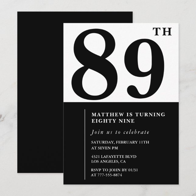 Chic Black and White 89th birthday invitation (Front/Back)