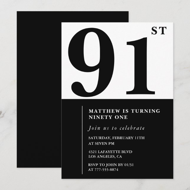 Chic Black and White 91st birthday invitation (Front/Back)
